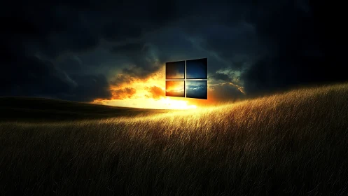 Windows-shaped portal over sunlit digital grassland horizon.
