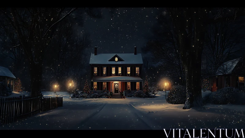 Colonial house at night in gently falling winter snowstorm