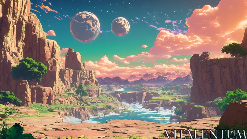 Twin moons glow above a serene canyon of rivers and cliffs