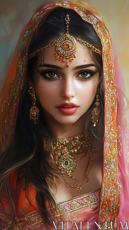 Regal bridal portrait with jeweled veil and luminous gaze.