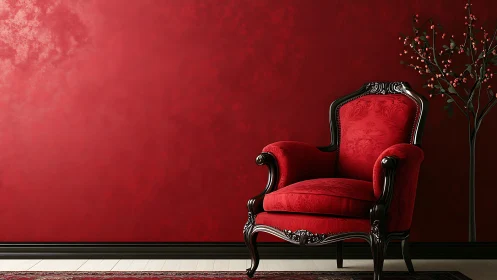 Crimson velvet armchair in ornate black frame interior.