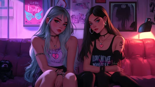 Neon-lit goth girls lounge on moody purple sofa. Period.