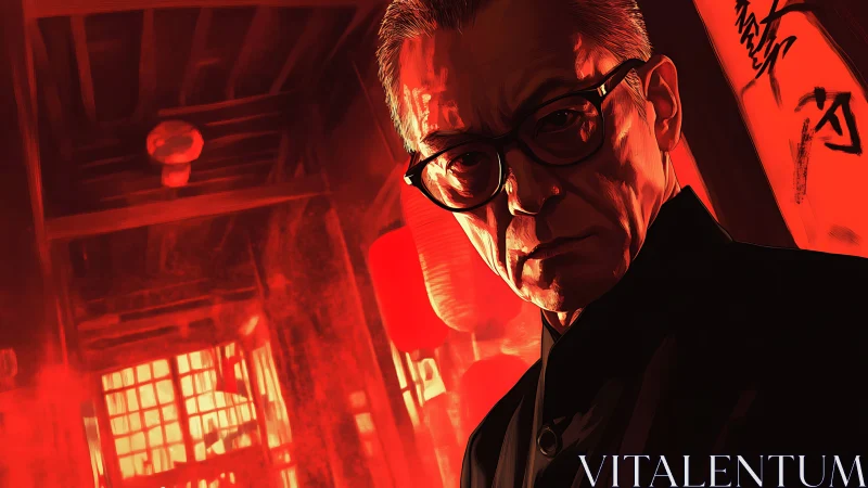 Red lantern gaze of a stern mastermind in burning corridors.