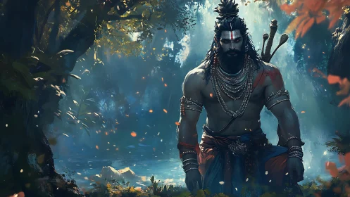 Warrior sage in ornate jewelry standing in forest clearing.