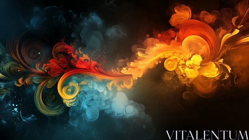 Abstract swirling color plumes on dark gradient background.
