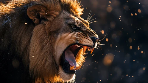 Roaring lion profile under dramatic golden backlight.