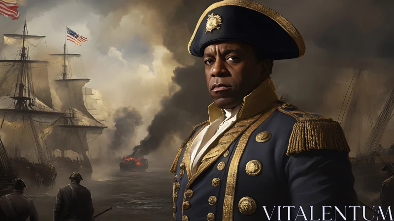 Calm navy captain stands firm as battle smoke gathers.