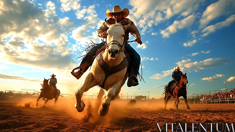 Cowboys on galloping horses at dusty outdoor rodeo arena.