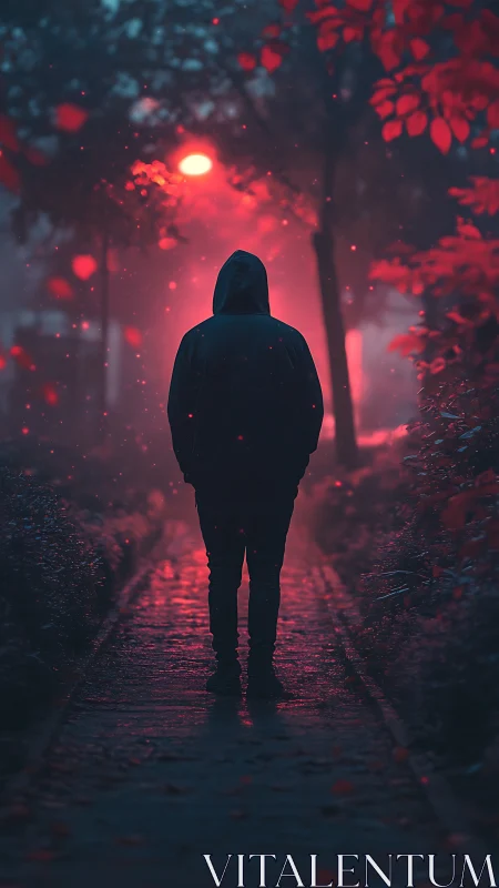 Hooded figure walks alone beneath neon red night fog