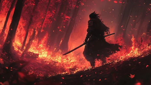 Lone swordsman walks the burning forest’s crimson horizon
