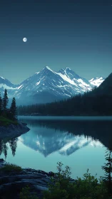 Snowy mountain lake under moonlit blue night sky.