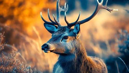 Male deer with antlers in warm and cool toned habitat.