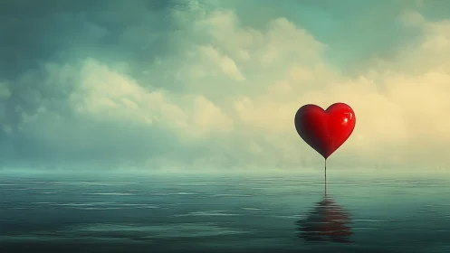 Red Heart Floating Over Tranquil Water with Dramatic Sky Lighting