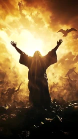 Radiant robed figure embraces blazing celestial light.