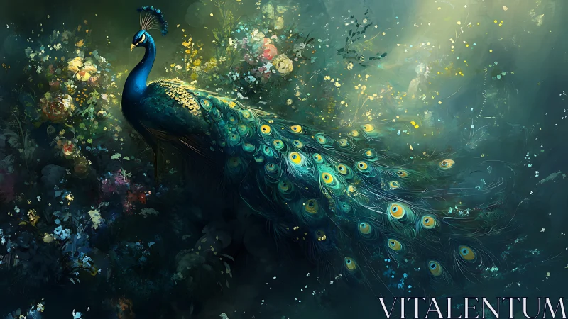 Iridescent peacock glows amid luminous midnight garden