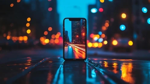 Neon city streaks pouring through a phone-shaped portal.