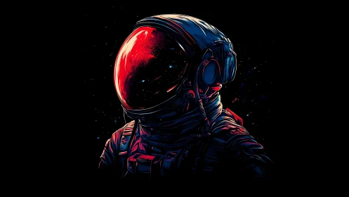 Solitary astronaut portrait glows in neon red starlight