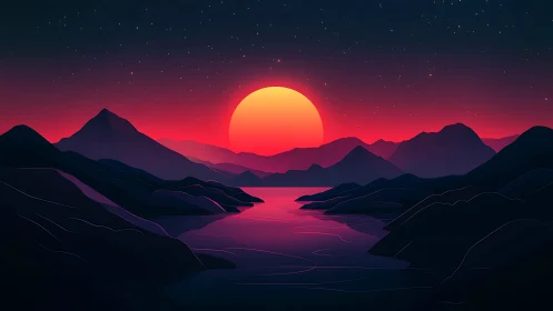 Chromatic vector sunset over layered low-poly mountainscape.