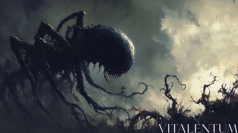 Colossal shadow arachnid looming over burning wasteland.