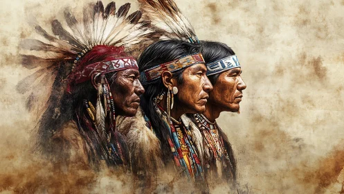 Tribal leaders stand in solemn profile against warm haze.