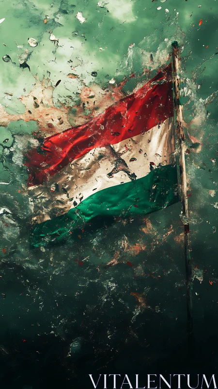 Tricolor flag under turbulent water with refracted light scattering