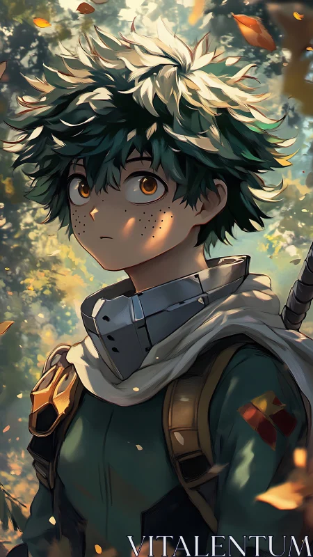 Forest-lit anime hero stands quietly beneath drifting leaves.