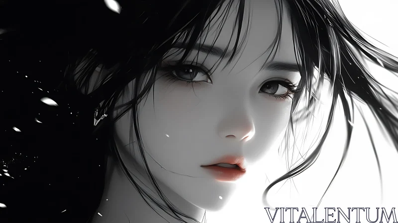 Wind-swept anime portrait in stark monochrome contrast.