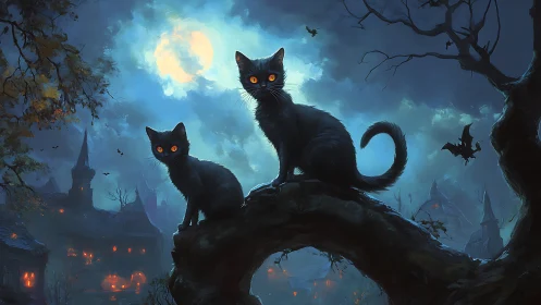 Black cats watch moonlit haunted village from twisted branch