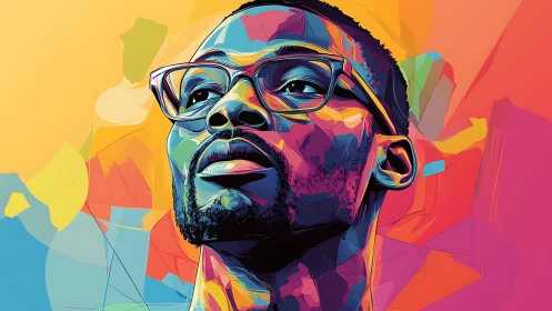 Vibrant geometric portrait of man in reflective glasses.