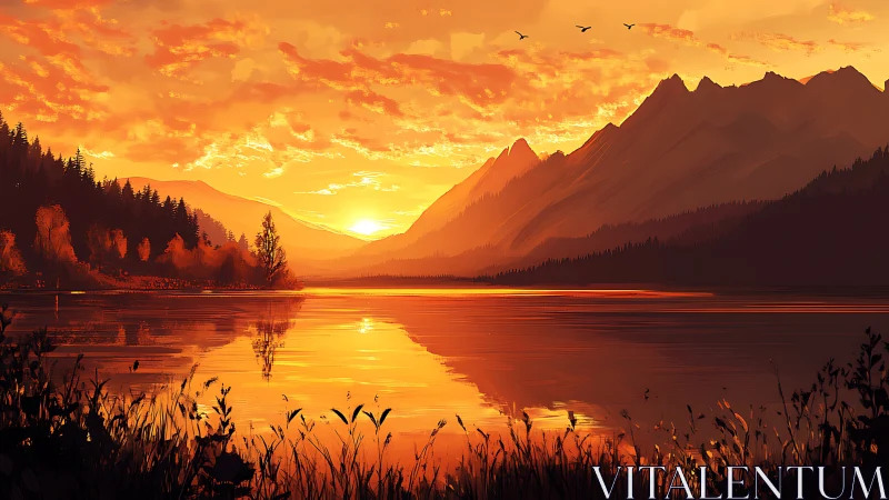 Sunset lake reflects blazing mountains in warm golden light.