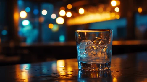 Lowball glass with ice under tungsten bokeh in moody bar.