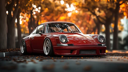 Stanced red classic sports coupe in shallow-depth autumn street