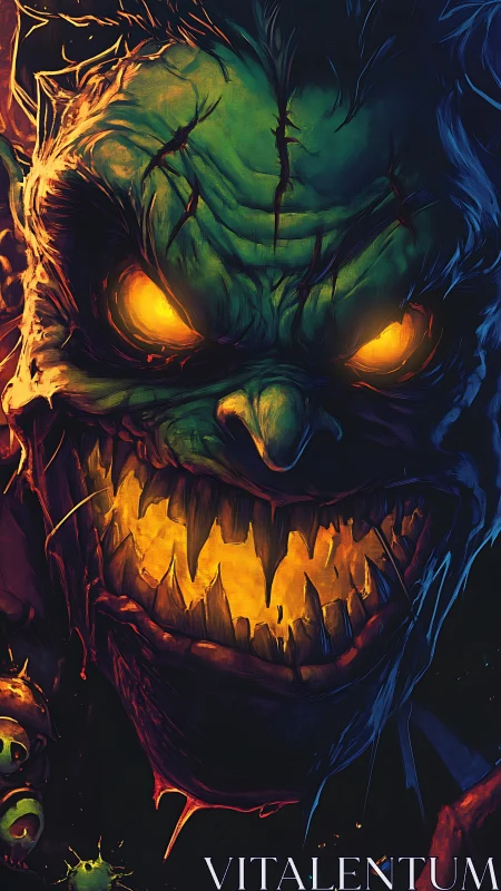 Grotesque green creature portrait with glowing eyes and teeth.