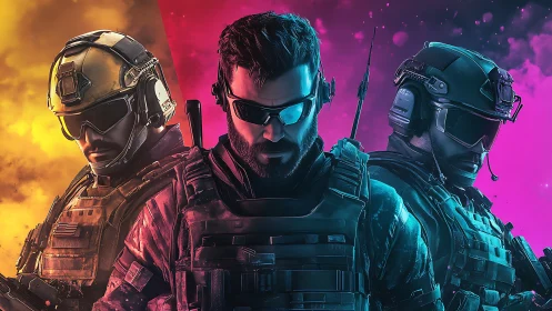 Tactical soldiers stand ready under split neon smoke light