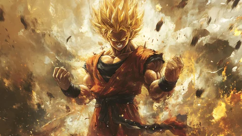 Fiery anime warrior surges forward in a storm of power.