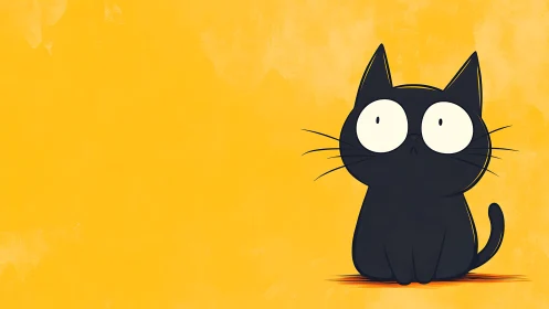 Wide eyed black cat on sunny yellow storybook backdrop.