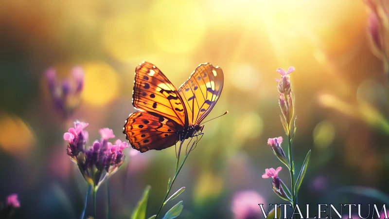 Orange butterfly rests on wildflower in soft backlighting