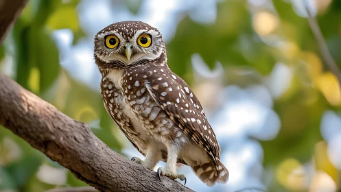 Spotted owl perched on tree branch in vibrant natural setting.