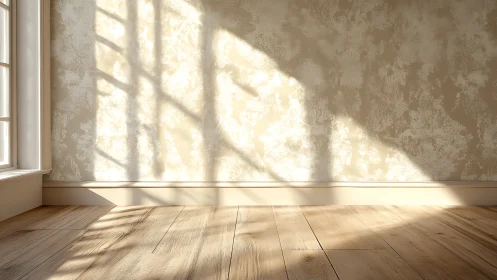 Sunlit interior corner shows textured wall and plank flooring