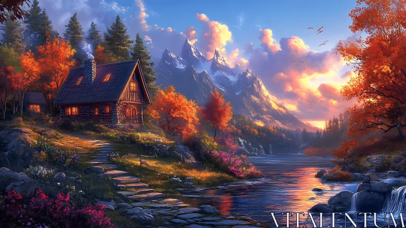 Mountain cabin by river in vivid autumn evening light.