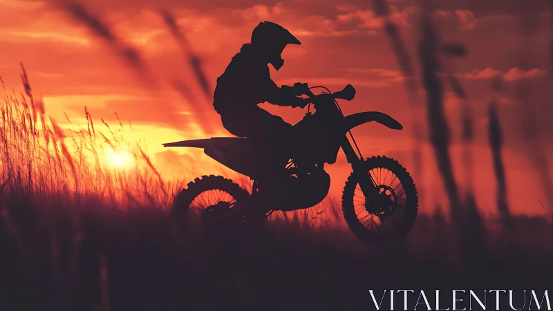 Silhouetted dirt biker rides through blazing sunset sky