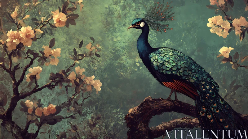 Emerald peacock rests on gnarled branch amid blossom boughs.