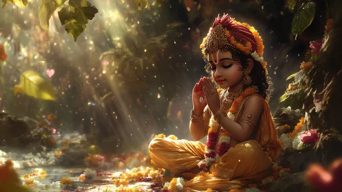 Gentle child deity sits in golden forest light and prays softly