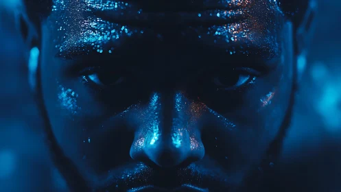 Close frontal view shows male face under blue low key lighting