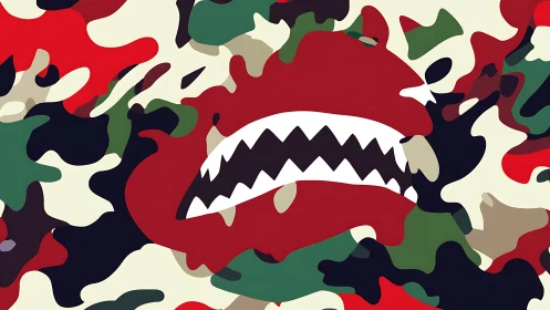 Camouflage pattern with stylized jaws graphic motif.
