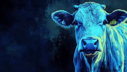 Electric blue cow portrait glows against a moody dark backdrop