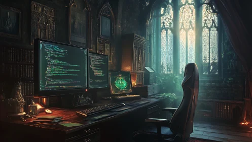 Dual-monitor coding workstation offsets gothic stone library interior