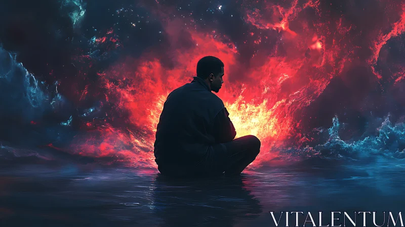Soulful figure resting before a cosmic storm of color.