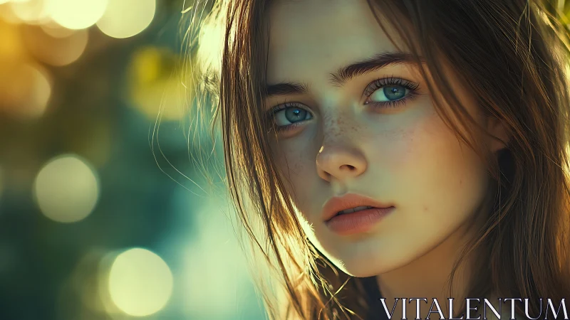 Cinematic close up portrait under golden hour bokeh light