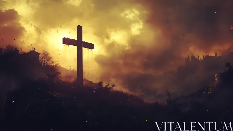 Lone hilltop cross under burning golden storm sky.